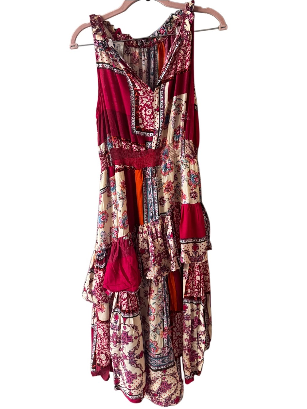 Lapis Burgundy, Cream and Orange Boho Patchwork Maxi Dress